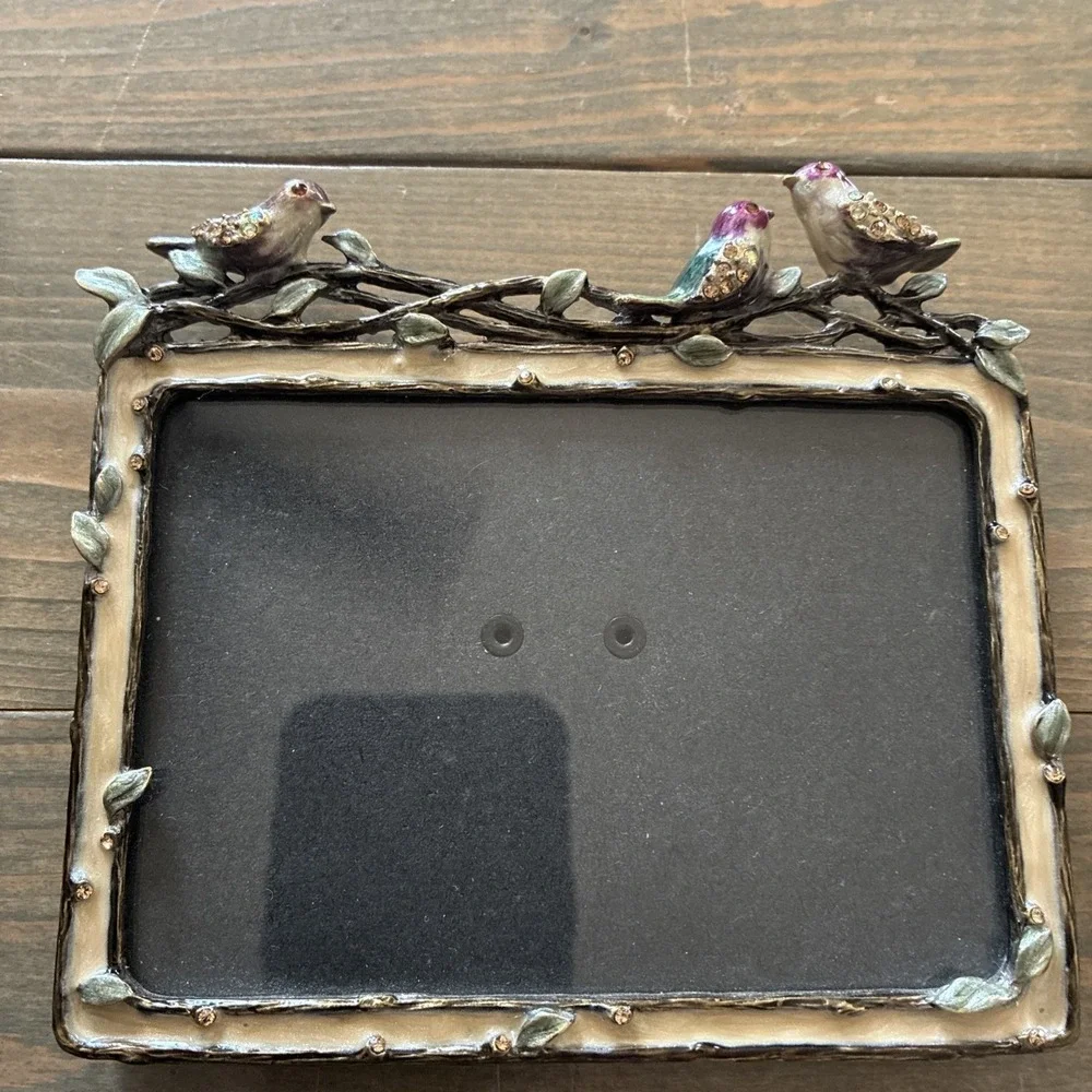 Metal Enamel Picture Frame with Birds and Vines Rhinestones 4 X 5